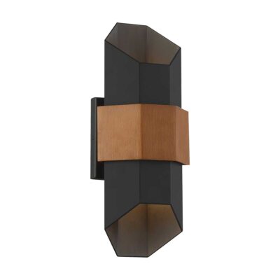 Ravenscar Modern Geometric Outdoor Wall Light Matte Black With Wood Effect Band