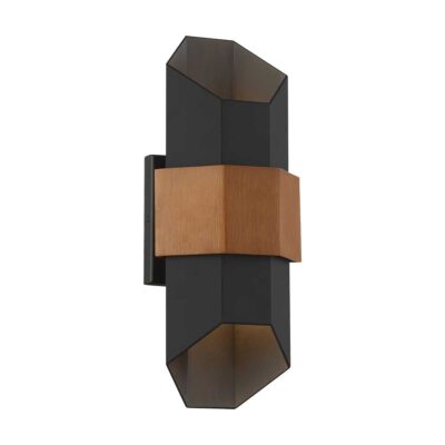 Ravenscar Modern Geometric Outdoor Wall Light Matte Black With Wood Effect Band