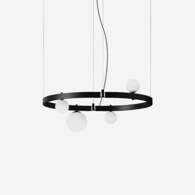 Rondelle Contemporary Circular Pendant Light Matte Black With Frosted Glass Spheres