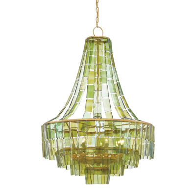 Satinwood Chandelier French Provincial Gold Leaf Green Glass