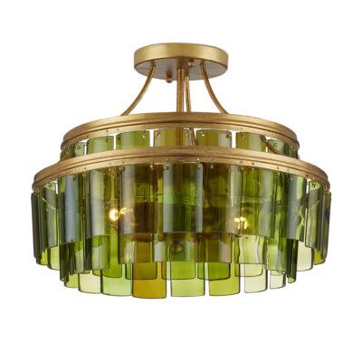 Satinwood Chandelier Hamptons Ceiling Semi-Flush Green Glass Gold Leaf