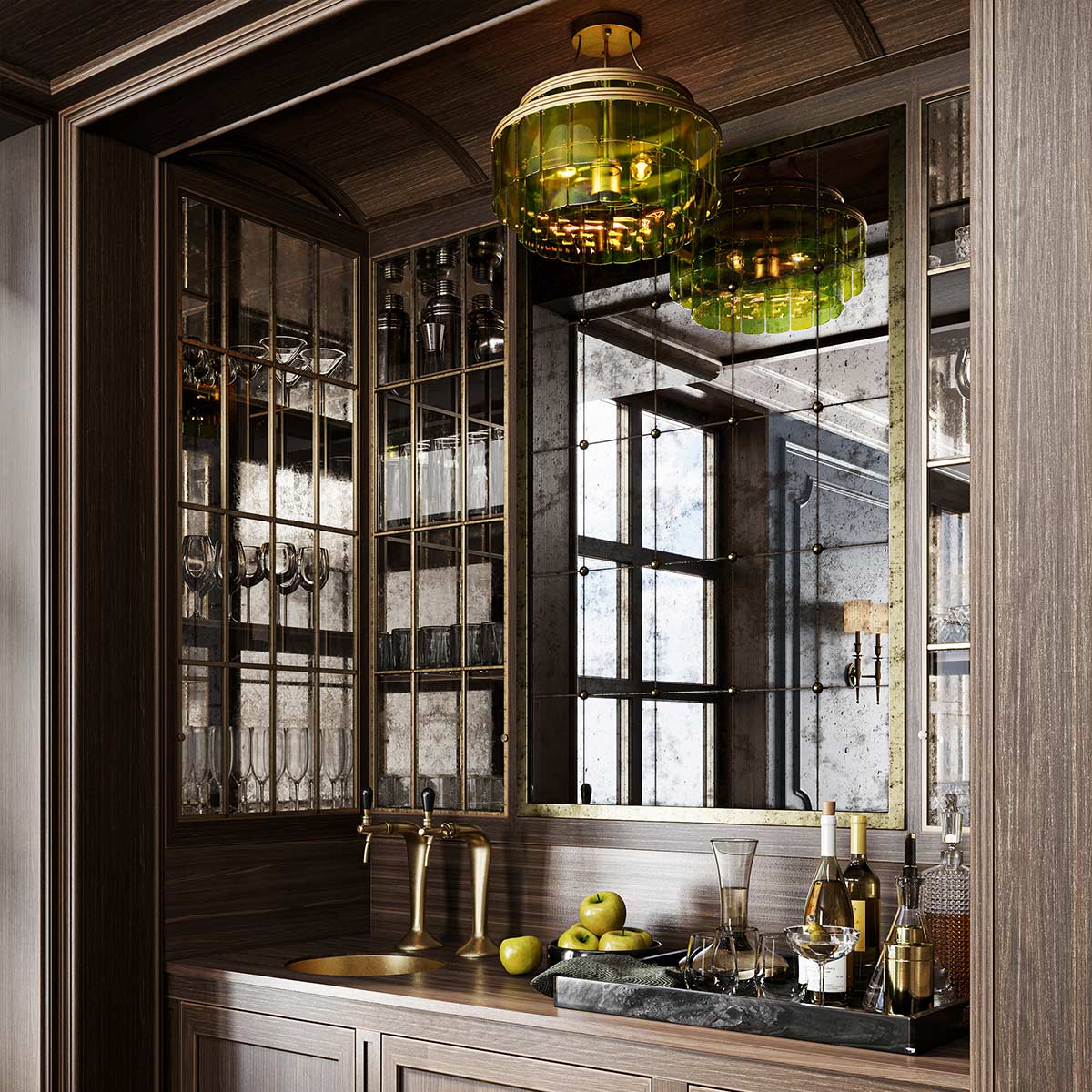 Satinwood Chandelier Hamptons Ceiling Semi-Flush Green Glass Gold Leaf Satinwood Chandelier Hamptons Ceiling Semi-Flush Green Glass Gold Leaf — in situ view