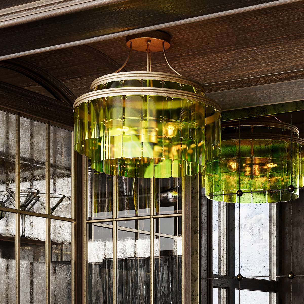 Satinwood Chandelier Hamptons Ceiling Semi-Flush Green Glass Gold Leaf Satinwood Chandelier Hamptons Ceiling Semi-Flush Green Glass Gold Leaf — in situ view