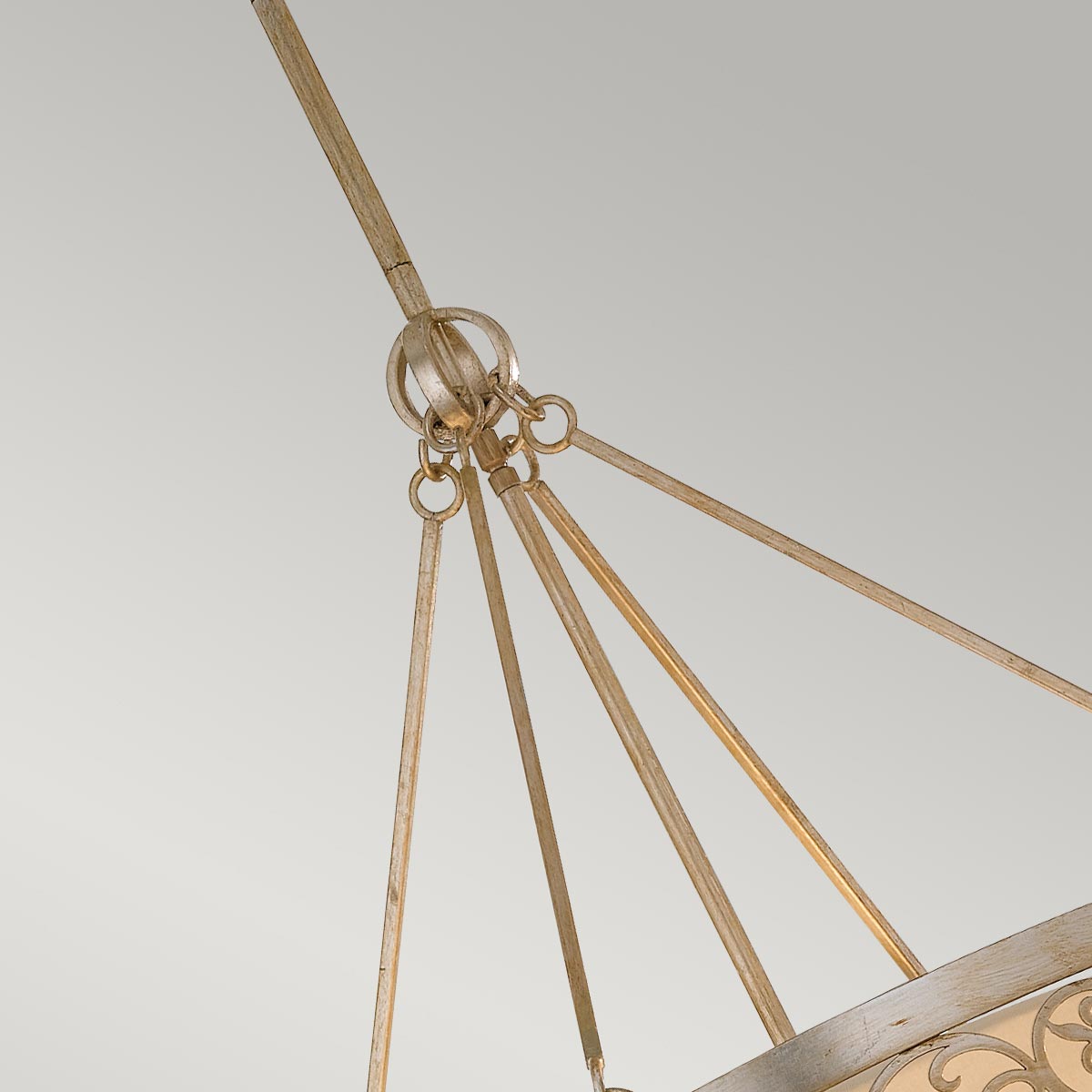 Silverleaf Manor Transitional Scroll Drum Pendant Silver Leaf Patina Silverleaf Manor Transitional Scroll Drum Pendant Silver Leaf Patina — detail view