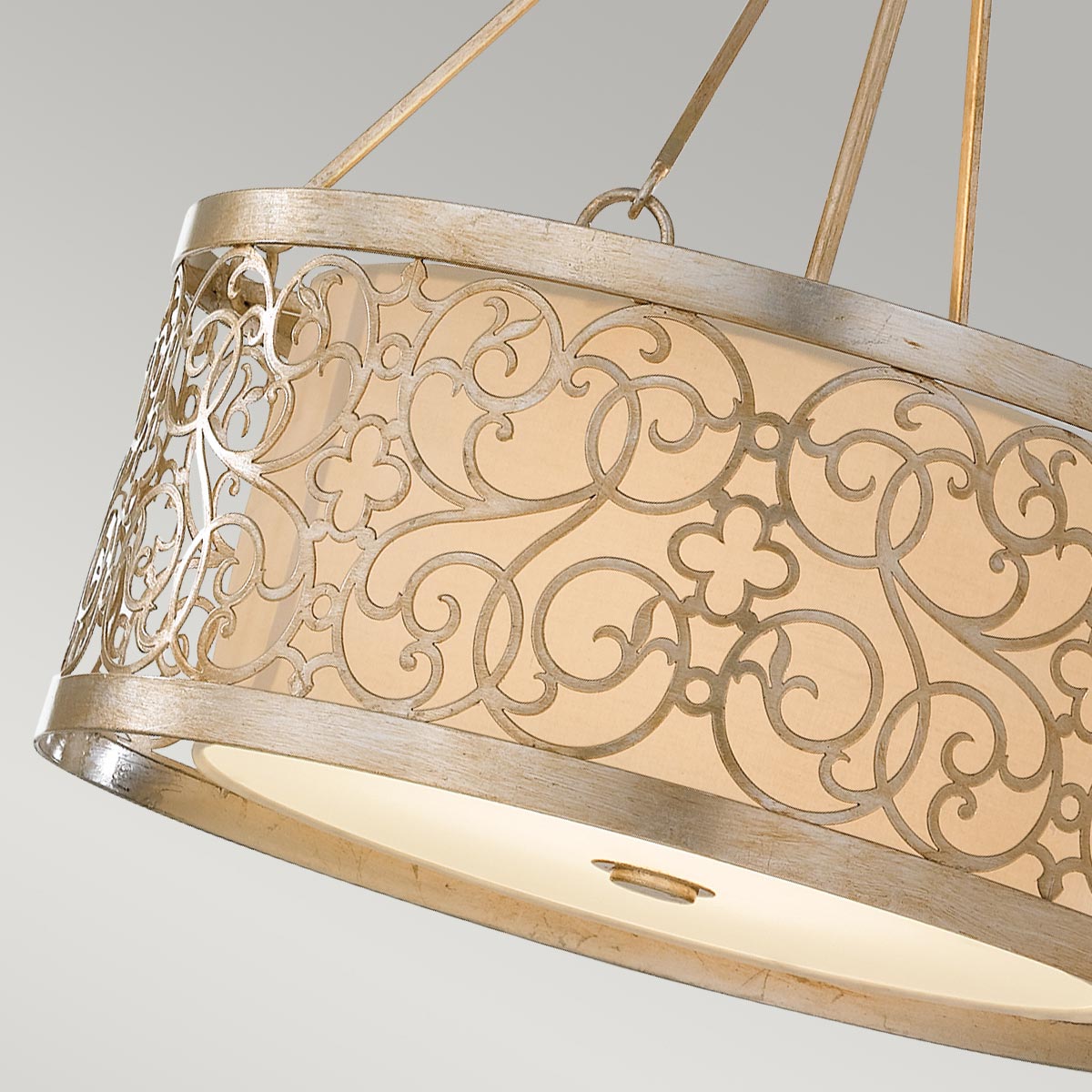 Silverleaf Manor Transitional Scroll Drum Pendant Silver Leaf Patina Silverleaf Manor Transitional Scroll Drum Pendant Silver Leaf Patina — detail view