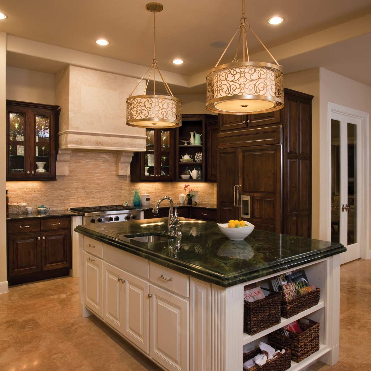 Silverleaf Manor Transitional Scroll Drum Pendant Silver Leaf Patina Silverleaf Manor Transitional Scroll Drum Pendant Silver Leaf Patina — in situ view