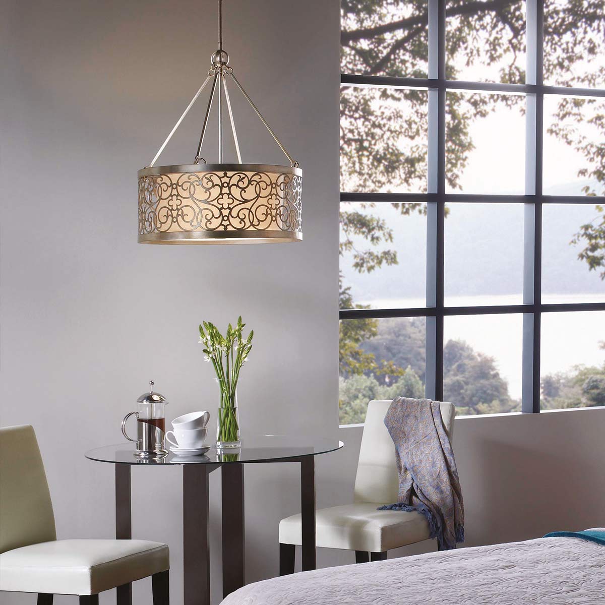 Silverleaf Manor Transitional Scroll Drum Pendant Silver Leaf Patina Silverleaf Manor Transitional Scroll Drum Pendant Silver Leaf Patina — in situ view