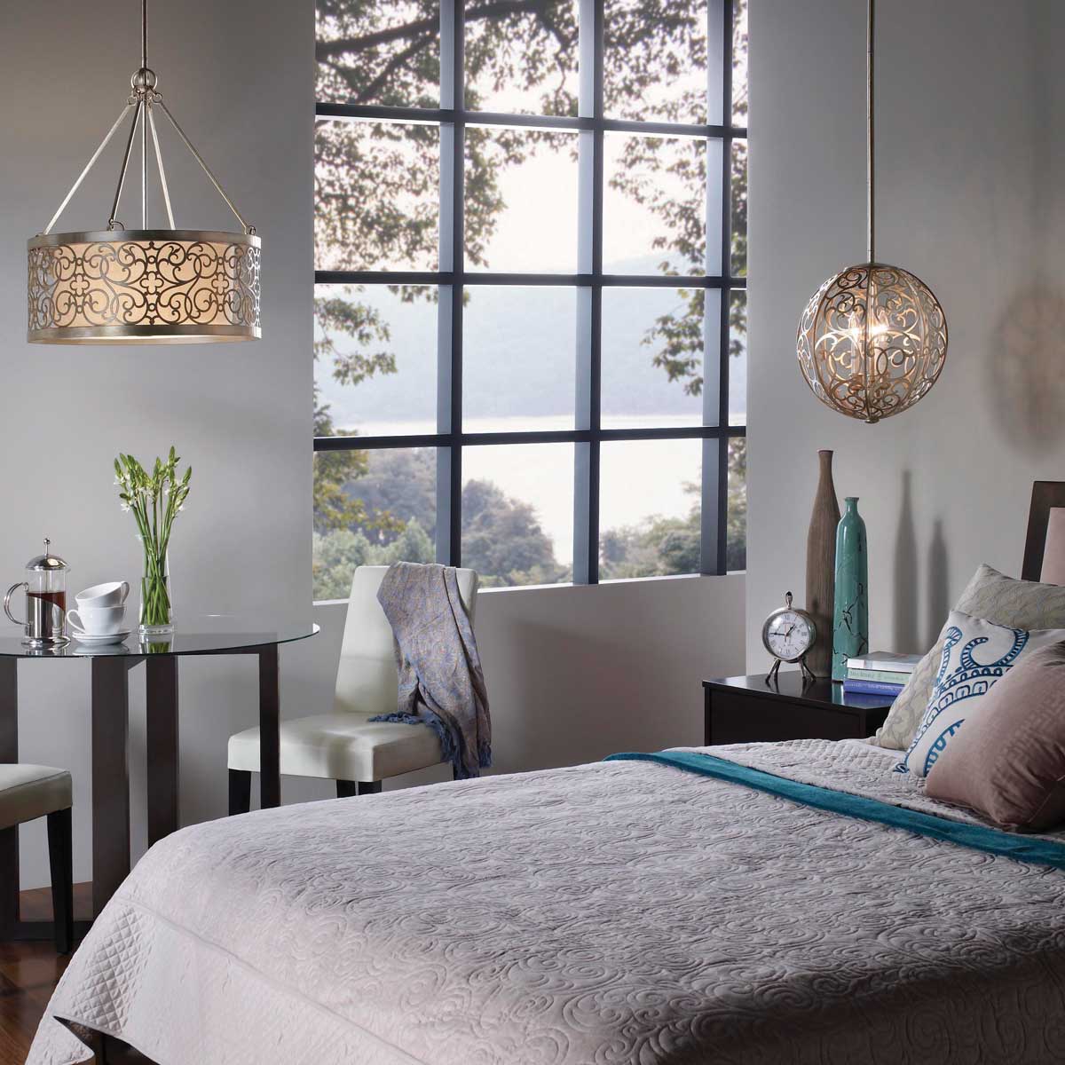 Silverleaf Manor Transitional Scroll Drum Pendant Silver Leaf Patina Silverleaf Manor Transitional Scroll Drum Pendant Silver Leaf Patina — in situ view