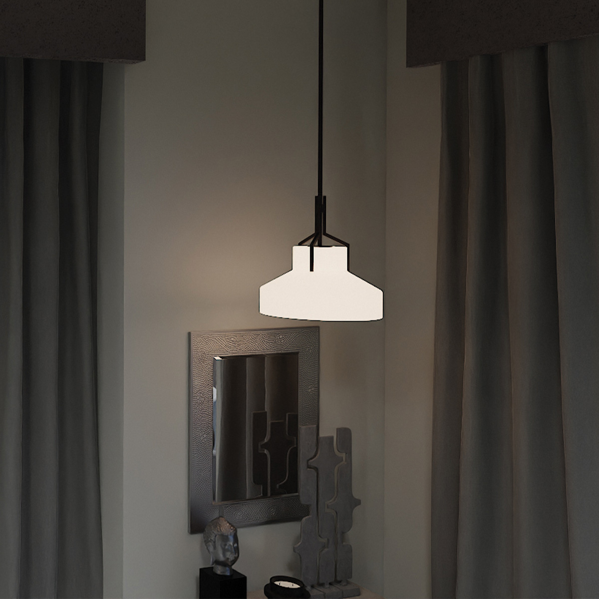 Stonecrop Hamptons Cone Pendant Light in Bronze and Alabaster Glass Stonecrop Hamptons Cone Pendant Light in Bronze and Alabaster Glass — in situ view