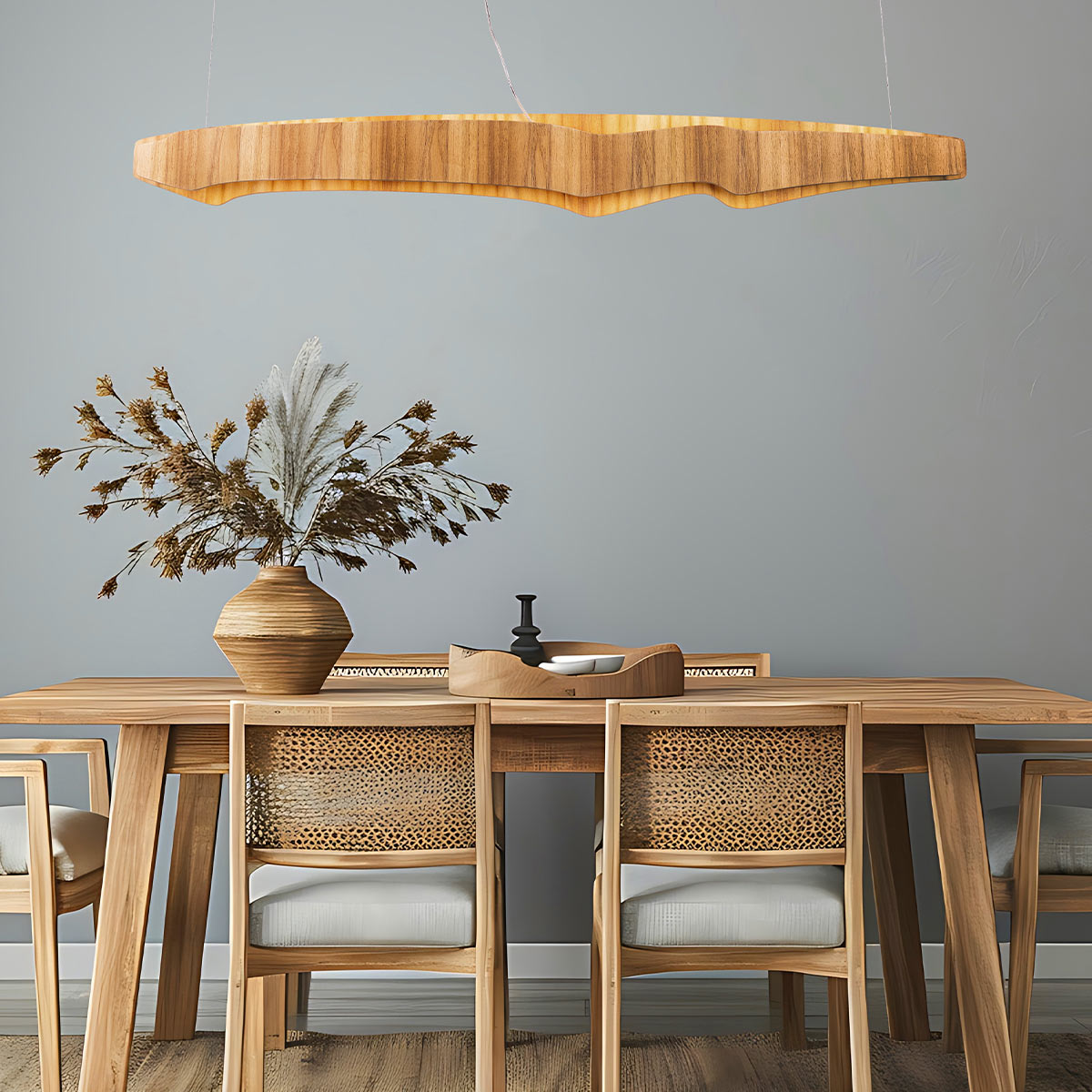 Teakwood Ring Contemporary Linear Chandelier Teak Veneer Teakwood Ring Contemporary Linear Chandelier Teak Veneer — in situ view