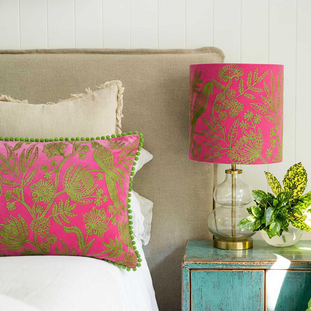 Telford Hamptons Drum Lamp Shade Pink & Green Bird Embroidery Telford Hamptons Drum Lamp Shade Pink & Green Bird Embroidery