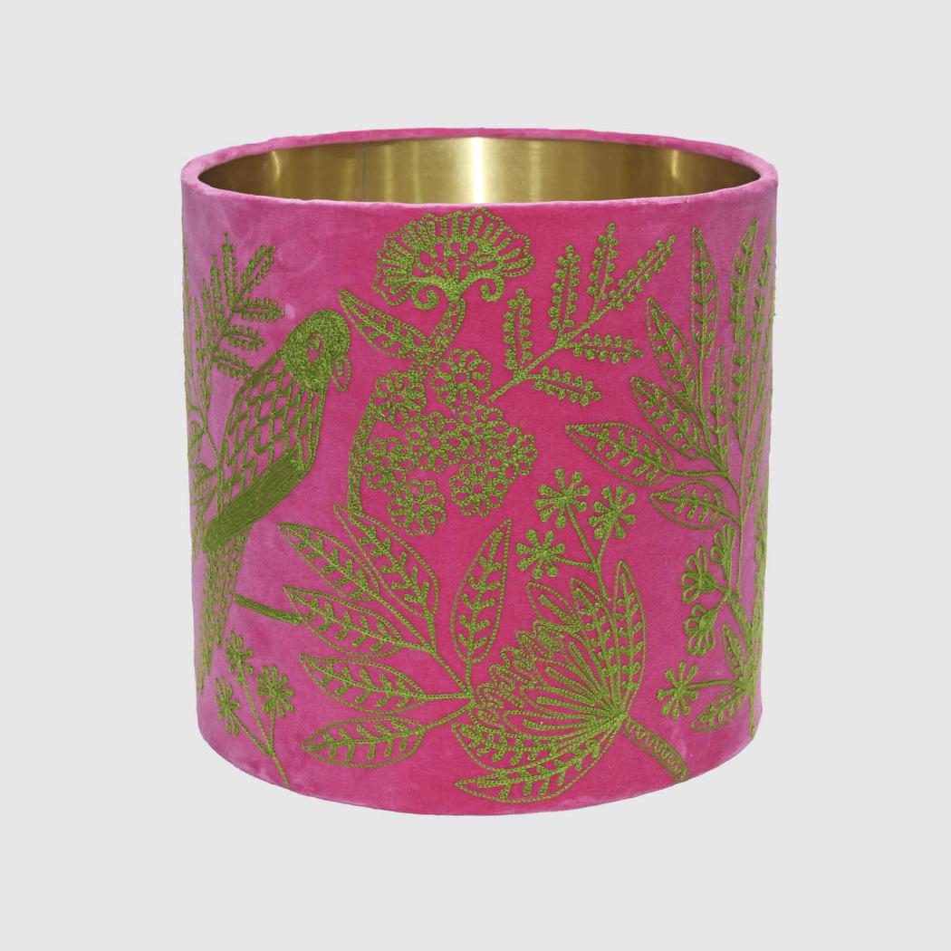Telford Hamptons Drum Lamp Shade Pink & Green Bird Embroidery