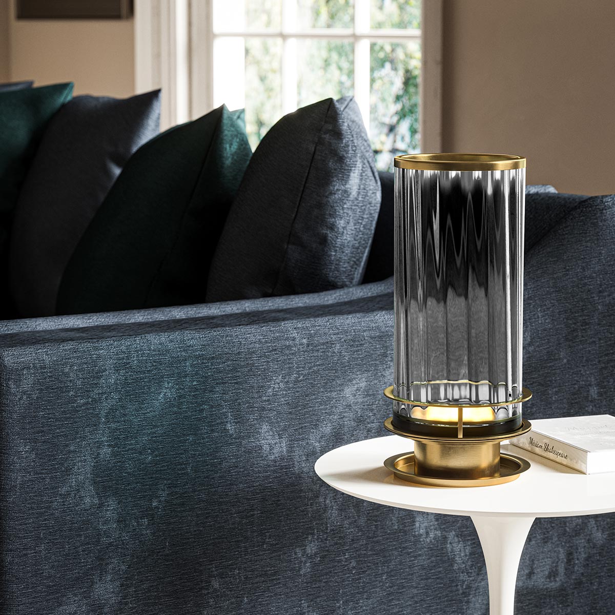 Valcourt Fluted Glass Table Lamp Smoke Aged Brass Valcourt Fluted Glass Table Lamp Smoke Aged Brass — in situ view