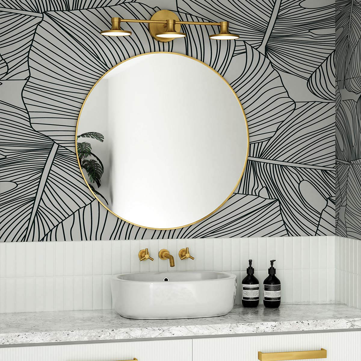 Verrell Brushed Gold Triple Head Wall Light Verrell Brushed Gold Triple Head Wall Light — in situ view
