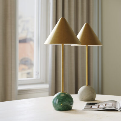 Wayfarer's Rest Hamptons Cordless Table Lamp Antique Brass & Travertine — in situ view