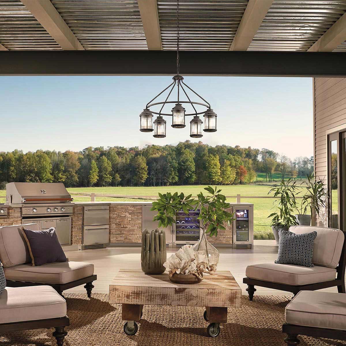 Windermere Cove Hamptons Wagon Wheel Outdoor Chandelier Weathered Zinc Windermere Cove Hamptons Wagon Wheel Outdoor Chandelier Weathered Zinc — in situ view