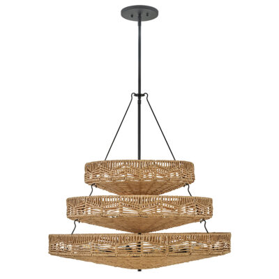 Winsloe Hamptons Three-Tier Woven Rattan Chandelier Black and Camel