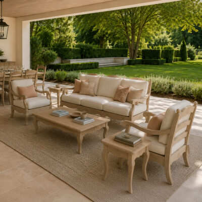 Outdoor Lounge Setting — Armchairs & Coffee Table, Plain Ivory
