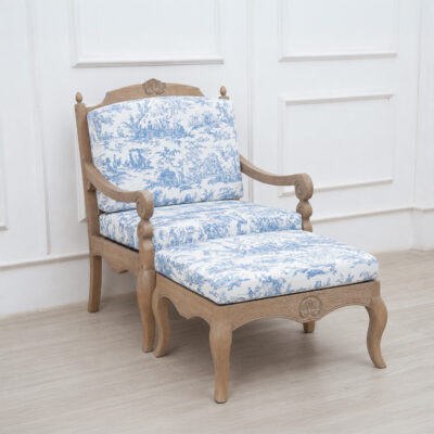 French Provincial Outdoor Ottoman — Blue Toile de Jouy
