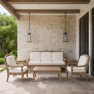 Outdoor Lounge Setting — Settee, Armchairs & Tables, Plain Ivory