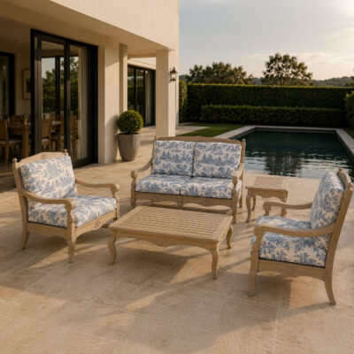 Outdoor Lounge Setting — Loveseat & Armchairs, Blue Toile de Jouy